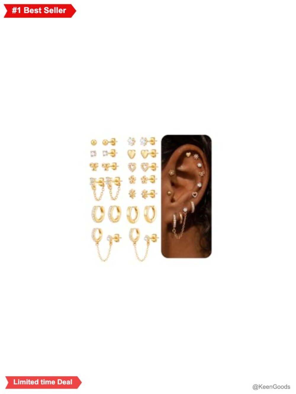 14K Gold Plated CZ Stud Earrings Set Hypoallergenic Stainless Steel